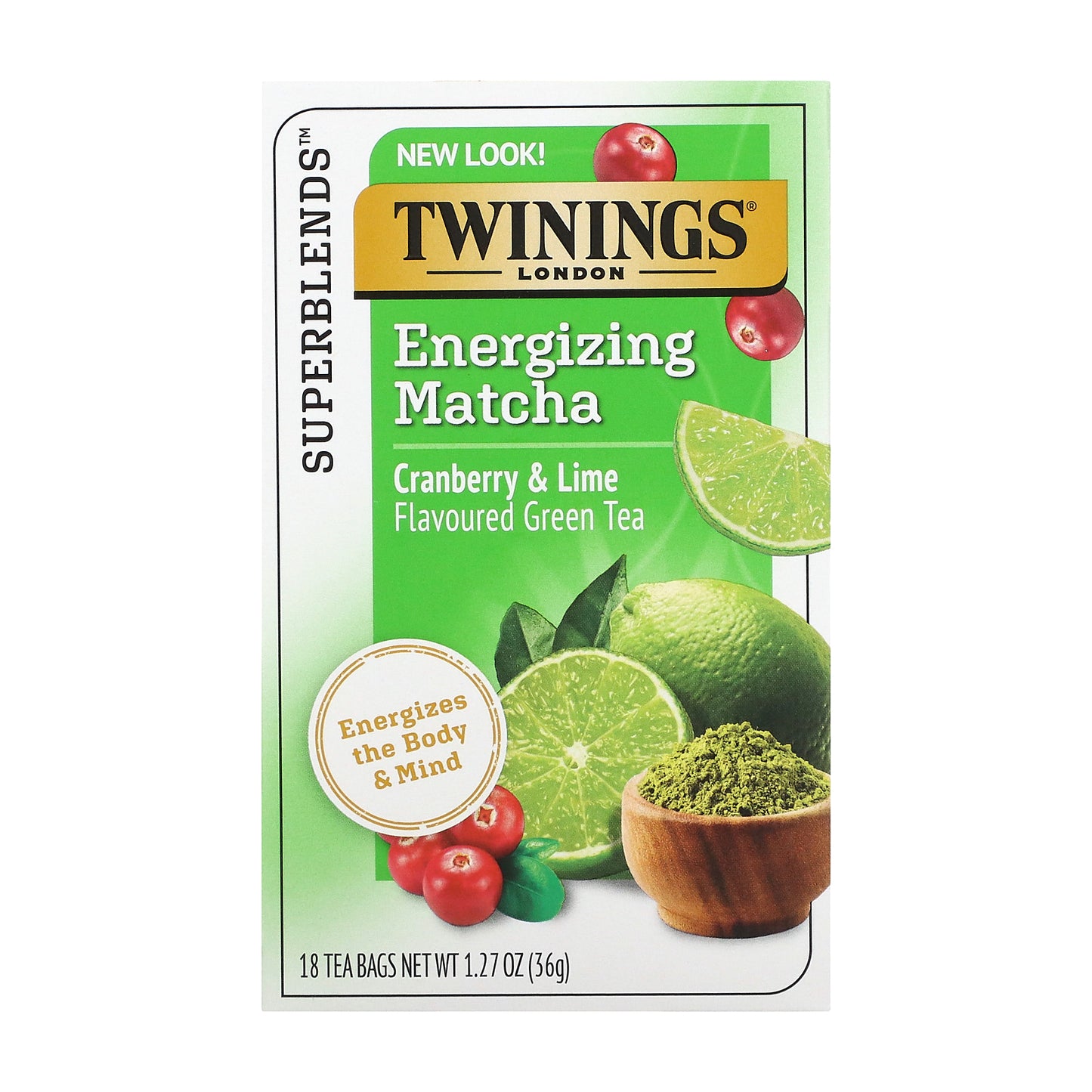 Twinings, Energizing Matcha Green Tea, Cranberry & Lime, 18 Tea Bags, 1.27 oz (36 g)