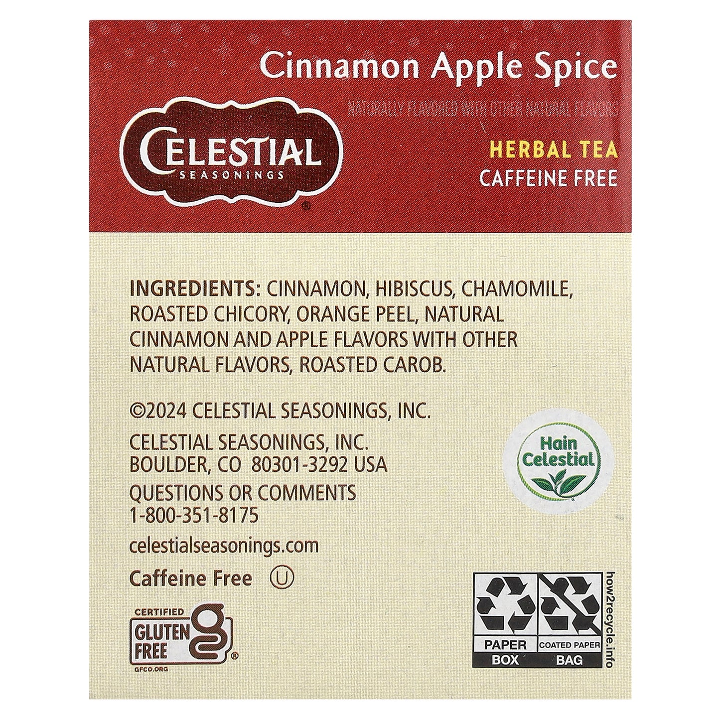 Celestial Seasonings, Herbal Tea, Cinnamon Apple Spice, Caffeine Free, 20 Tea Bags, 1.7 oz (48 g)