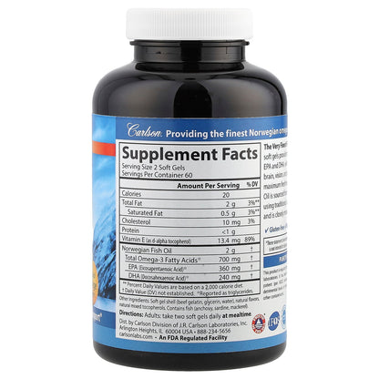 Carlson, The Very Finest Fish Oil, Natural Orange, 700 mg, 120 Soft Gels (350 mg per Soft Gel)