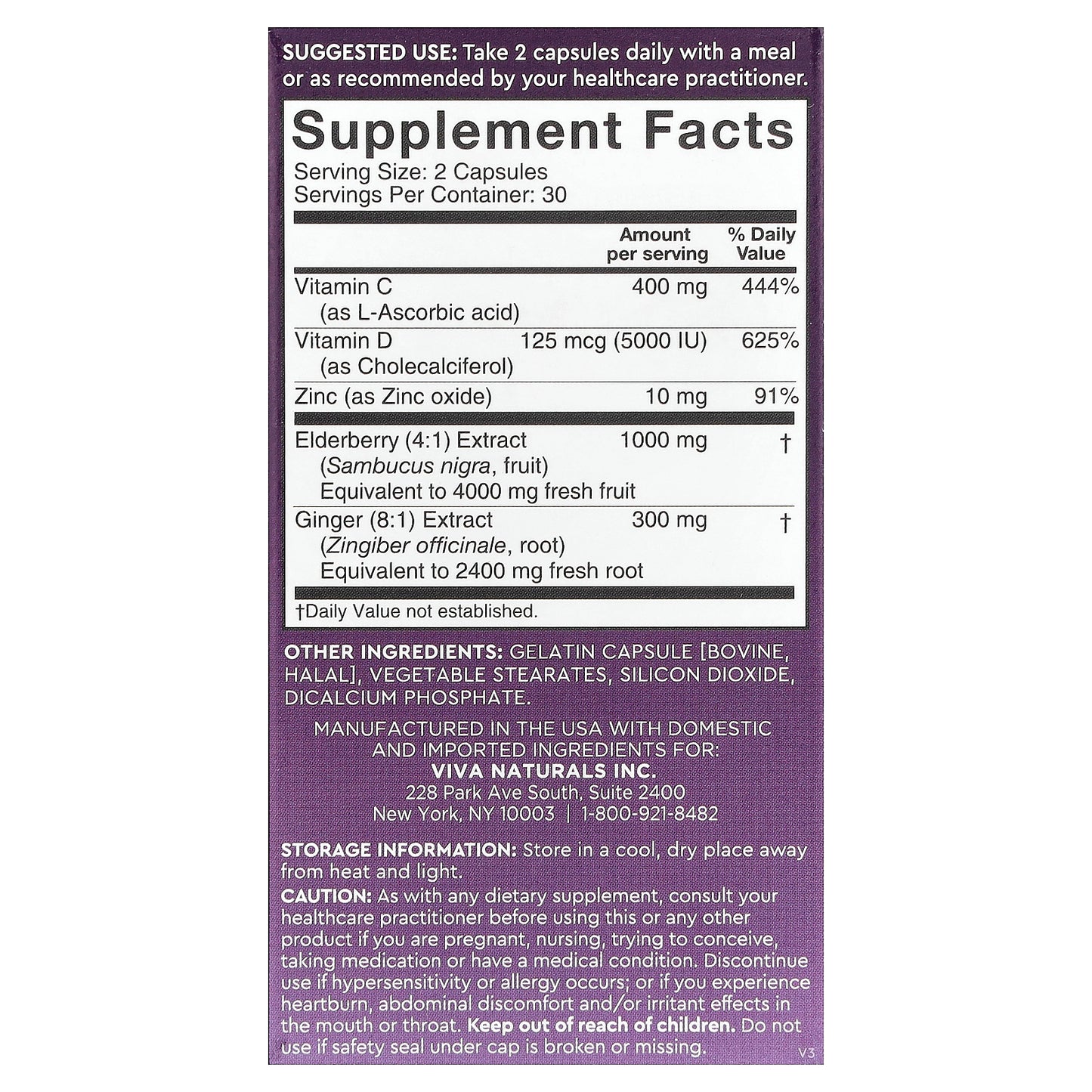 Viva Naturals, Elderberry, Vitamin C + Zinc with Ginger + Vitamin D3, 60 Capsules