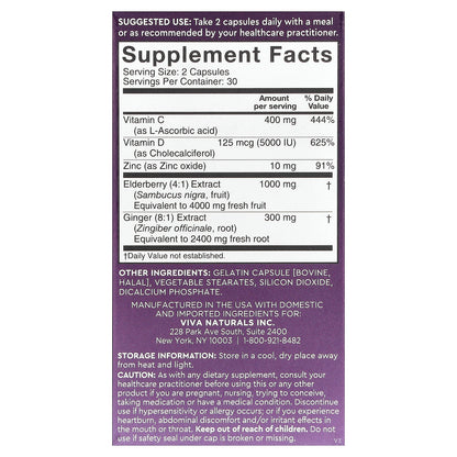 Viva Naturals, Elderberry, Vitamin C + Zinc with Ginger + Vitamin D3, 60 Capsules