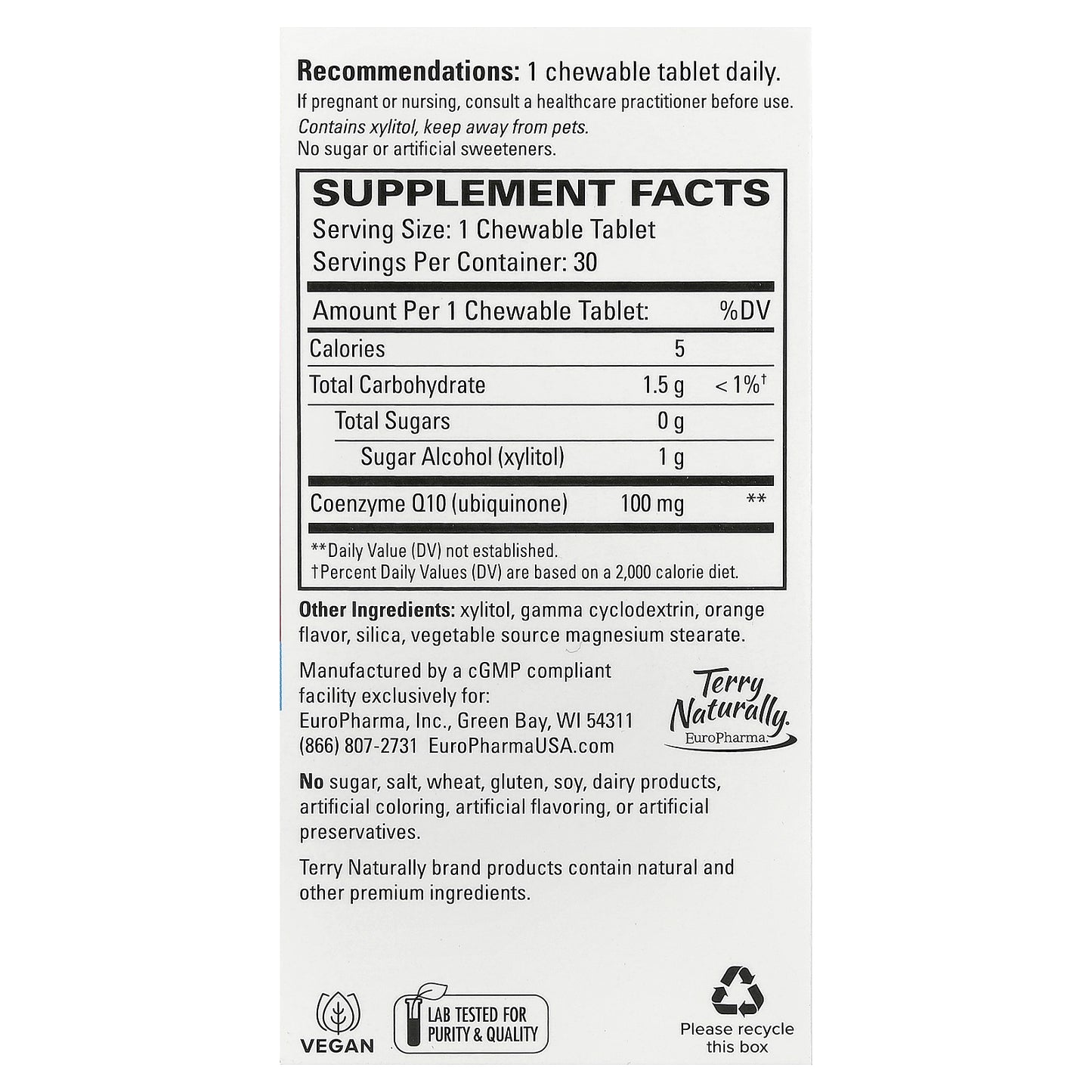 Terry Naturally, CoQ10, Orange, 30 Chewable Tablets (100 mg per Tablet)