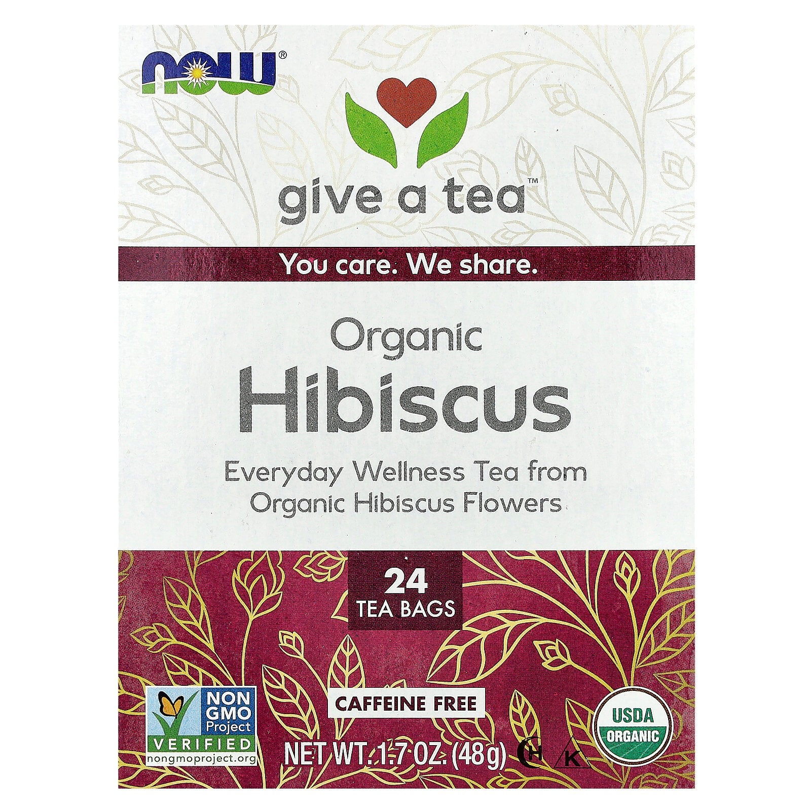 NOW Foods, Organic Hibiscus Tea, Caffeine Free, 24 Tea Bags, 1.7 oz (48 g)