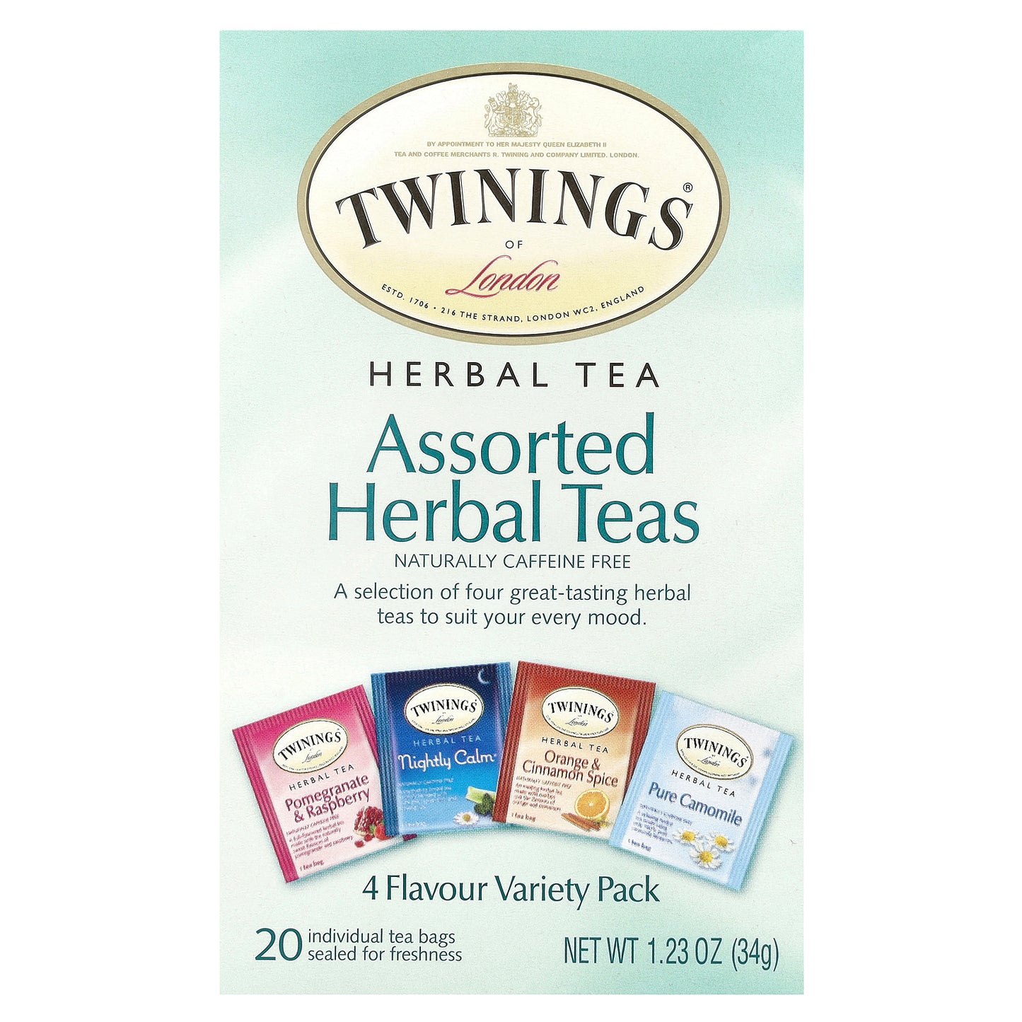 Twinings, Assorted Herbal Teas, Variety Pack, Caffeine Free, 20 Tea Bags, 1.23 oz (34 g)