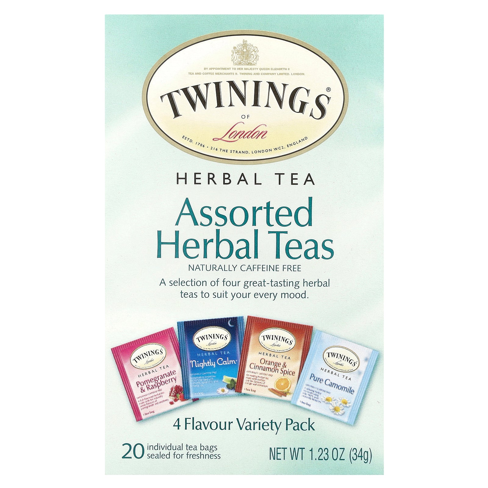 Twinings, Assorted Herbal Teas, Variety Pack, Caffeine Free, 20 Tea Bags, 1.23 oz (34 g)