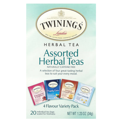 Twinings, Assorted Herbal Teas, Variety Pack, Caffeine Free, 20 Tea Bags, 1.23 oz (34 g)