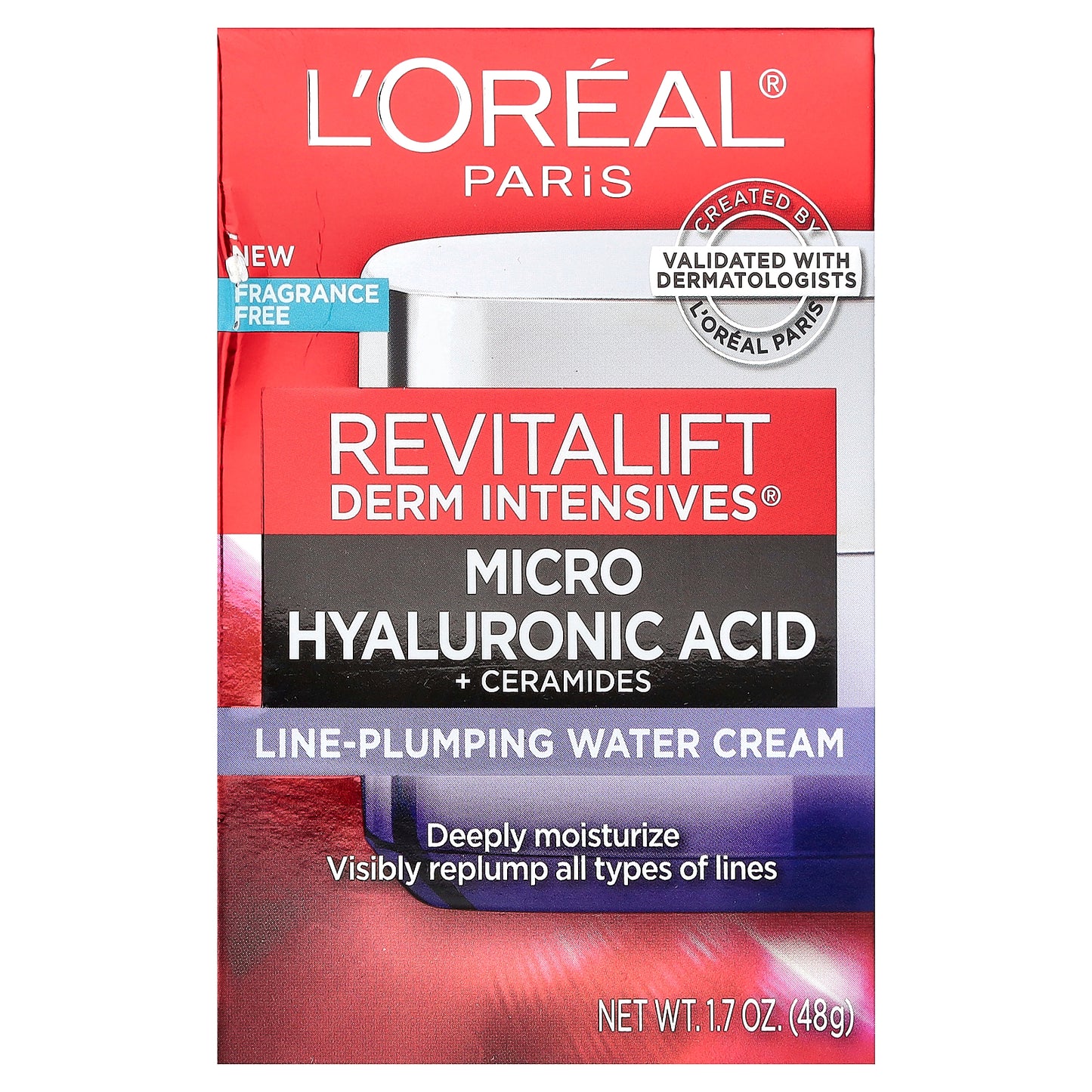 L'Oréal, Micro Hyaluronic Acid + Ceramides, Line-Plumping Water Cream, 1.7 oz (48 g)