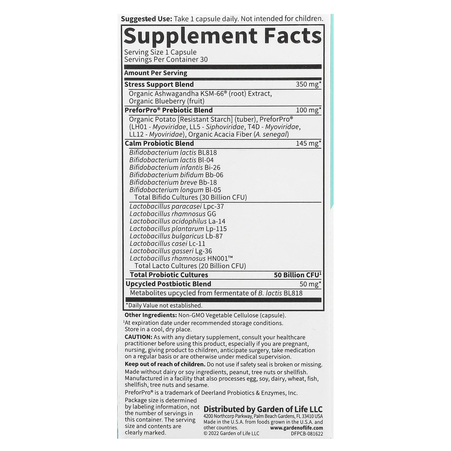 Garden of Life, Probiotics Calm, 50 Billion, 30 Vegetarian Capsules