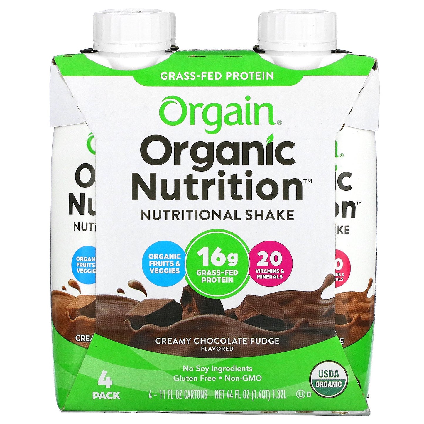 Orgain, Organic Nutrition, Nutritional  Shake, Creamy Chocolate Fudge, 4 Pack, 11 fl oz Each