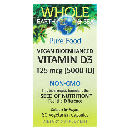 Natural Factors, Whole Earth & Sea®, Vegan Bioenhanced Vitamin D3, 125 mcg (5,000 IU), 60 Vegetarian Capsules