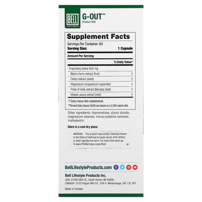 Bell Lifestyle, G-Out™, Uric Acid Support, 60 Veggie Capsules