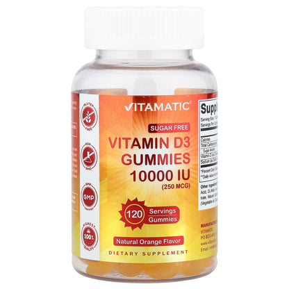 Vitamatic, Vitamin D3 Gummies, Natural Orange, 250 mcg (10,000 IU), 120 Gummies