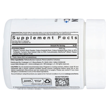 Codeage, Forskolin Turmeric+, 90 Vegetable Capsules