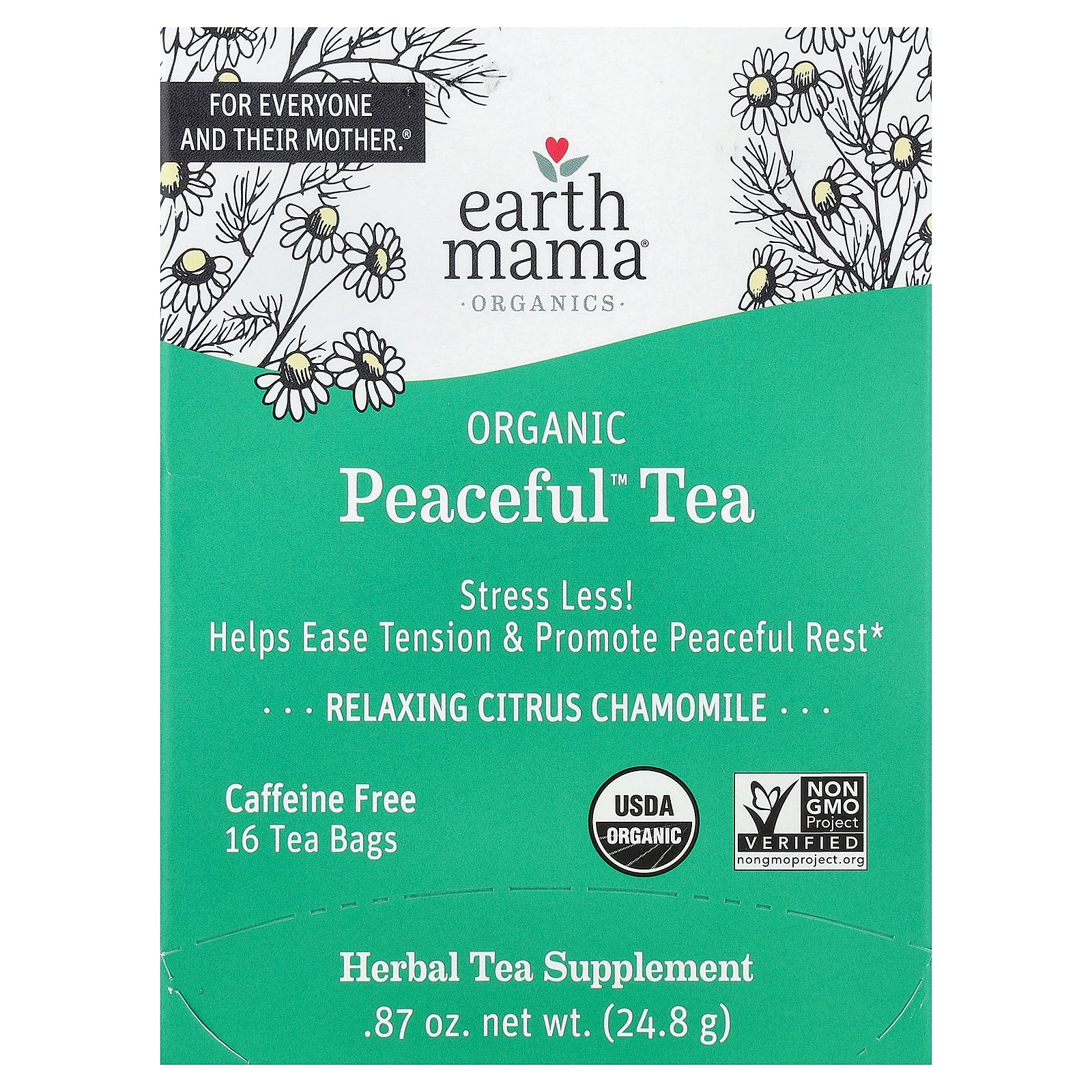 Earth Mama, Organics, Organic Peaceful™ Tea, Relaxing Citrus Chamomile, Caffeine Free, 16 Tea Bags, 0.87 oz (24.8 g)