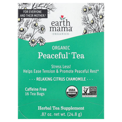 Earth Mama, Organics, Organic Peaceful™ Tea, Relaxing Citrus Chamomile, Caffeine Free, 16 Tea Bags, 0.87 oz (24.8 g)