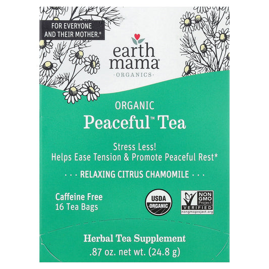 Earth Mama, Organics, Organic Peaceful™ Tea, Relaxing Citrus Chamomile, Caffeine Free, 16 Tea Bags, 0.87 oz (24.8 g)