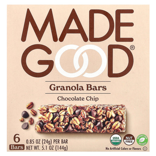 MadeGood, Granola Bars, Chocolate Chip, 6 Bars, 0.85 oz (24 g) Each