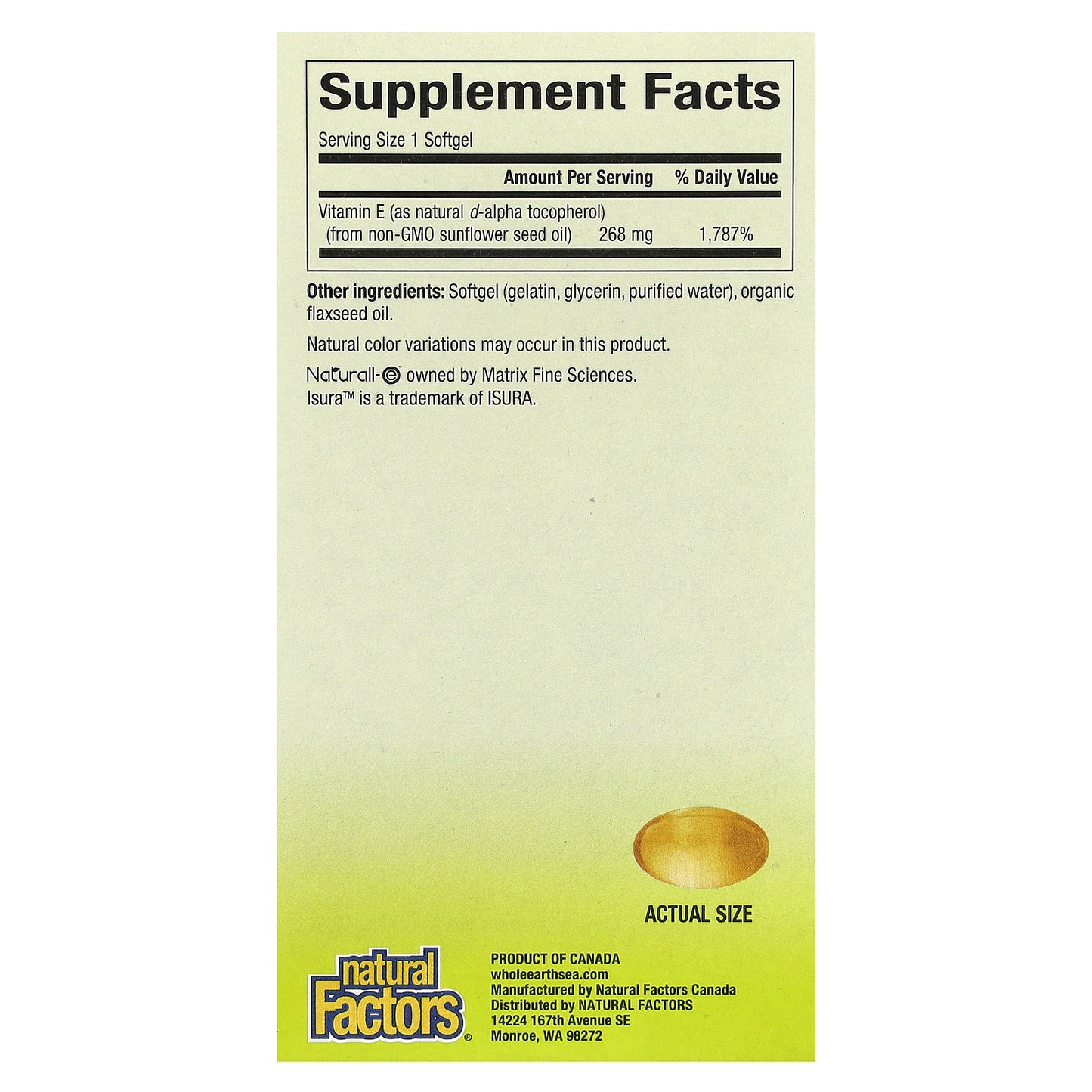 Natural Factors, Whole Earth & Sea®, Pure Food, Sunflower Vitamin E, 268 mg, 90 Softgels