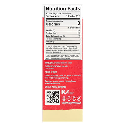 Lakanto, Monkfruit Sweetener with Erythritol, Golden, 30 Packets, 3.17 oz (90 g)