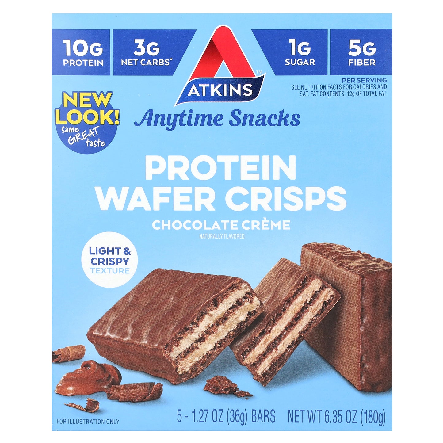 Atkins, Anytime Snacks, Protein Wafer Crisps, Chocolate Creme, 5 Bars, 1.27 oz (36 g) Each