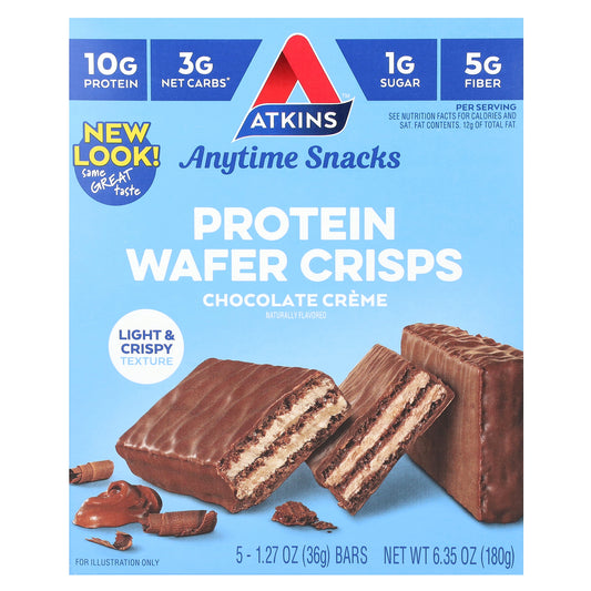 Atkins, Anytime Snacks, Protein Wafer Crisps, Chocolate Creme, 5 Bars, 1.27 oz (36 g) Each