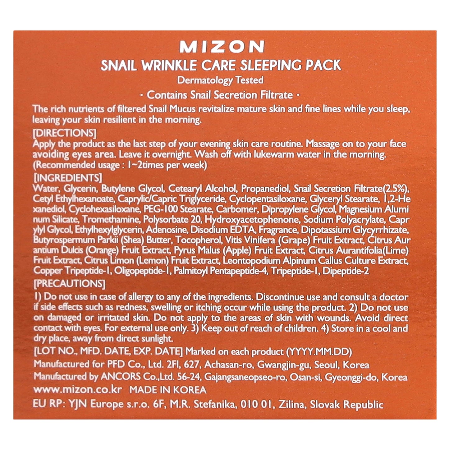 Mizon, Snail Wrinkle Care Sleeping Pack, 2.7 fl oz (80 ml)