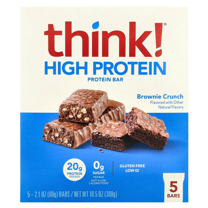 Think !, High Protein Bars, Brownie Crunch, 5 Bars, 2.1 oz (60 g) Each