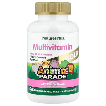 NaturesPlus, Animal Parade Gold, Children's Chewable Multivitamin Supplement, Watermelon, 120 Animal-Shaped Tablets