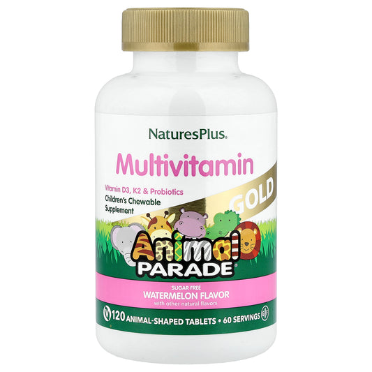 NaturesPlus, Animal Parade Gold, Children's Chewable Multivitamin Supplement, Watermelon, 120 Animal-Shaped Tablets