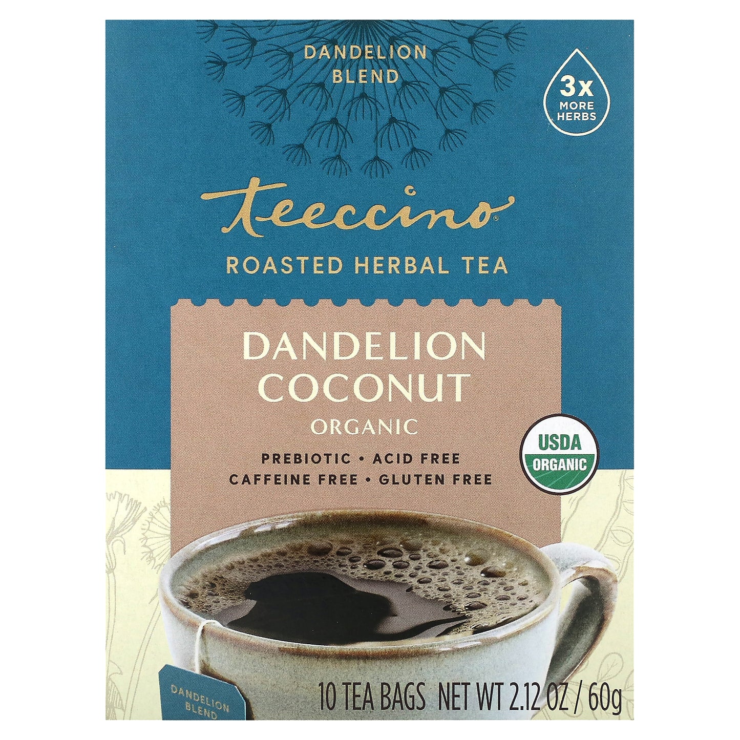 Teeccino, Organic Roasted Herbal Tea, Dandelion Coconut, Caffeine Free, 10 Tea Bags, 2.12 oz (60 g)