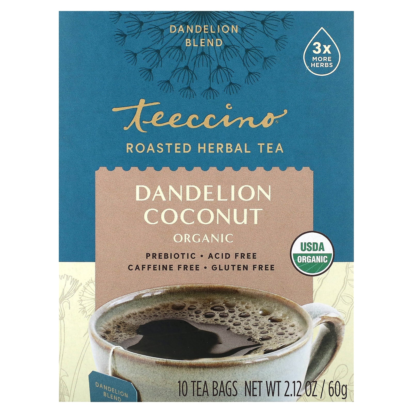 Teeccino, Organic Roasted Herbal Tea, Dandelion Coconut, Caffeine Free, 10 Tea Bags, 2.12 oz (60 g)