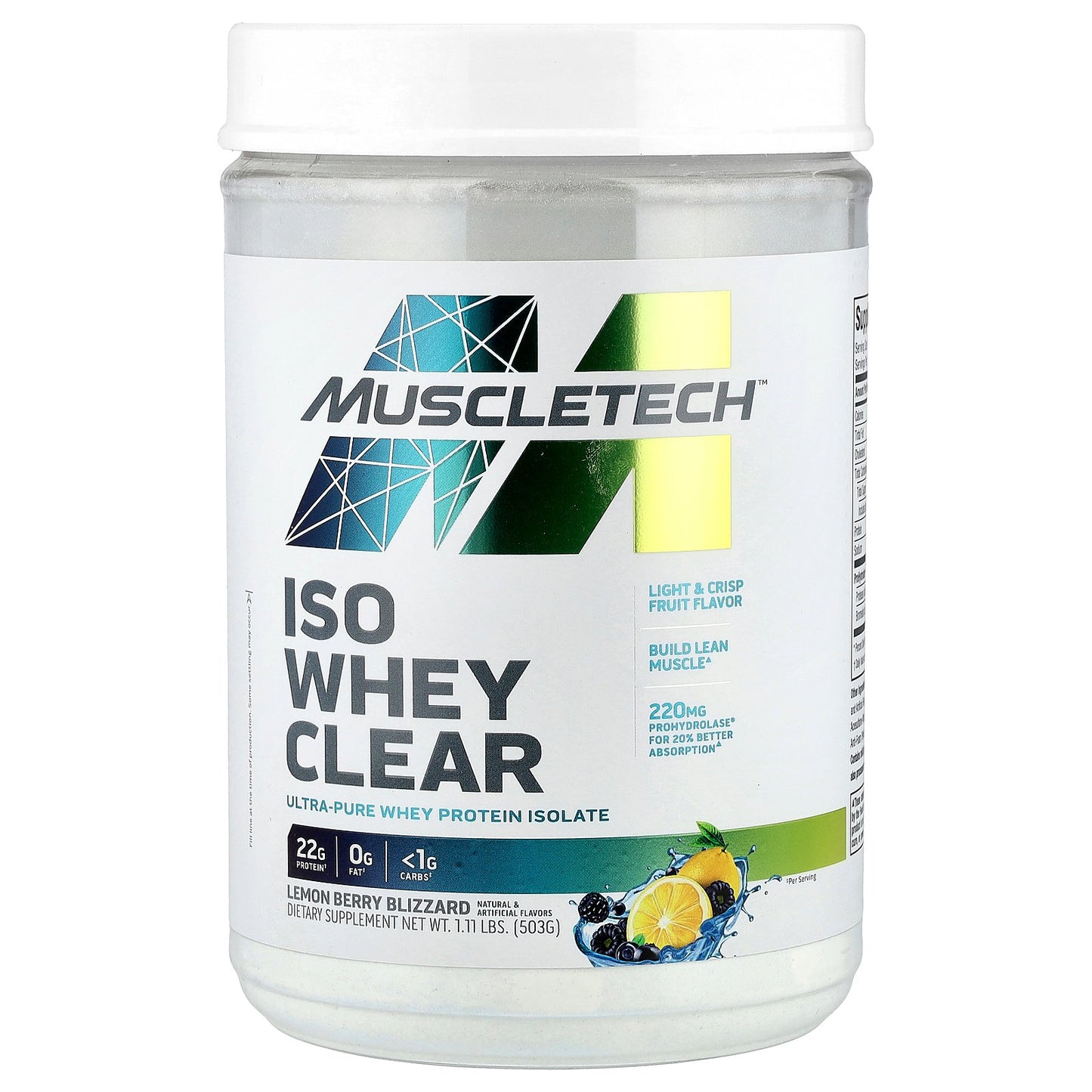 MuscleTech, ISO Whey Clear, Ultra-Pure Whey Protein Isolate, Lemon Berry Blizzard, 1.11 lbs (503 g)