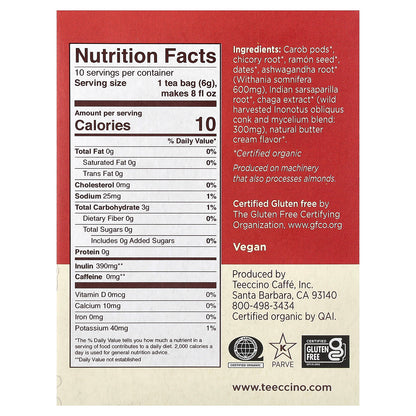 Teeccino, Organic Mushroom Herbal Tea, Chaga Ashwagandha, Butterscotch Cream, Caffeine Free, 10 Tea Bags, 2.12 oz (60 g)