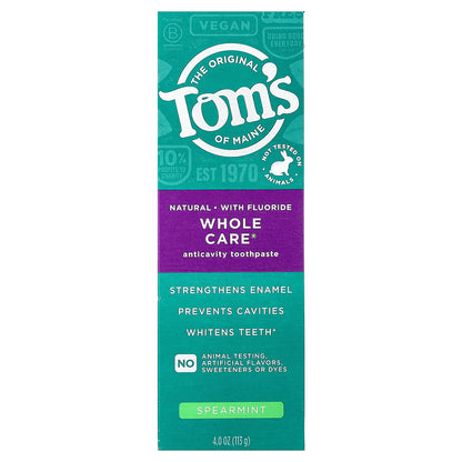 Tom's of Maine, Whole Care®, Natural Anticavity Toothpaste with Fluoride, Spearmint, 4 oz (113 g)