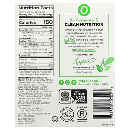 Orgain, Organic Protein™ Powder, Plant-Based, Vanilla Bean, 10 Packets, 1.62 oz (46 g) Each