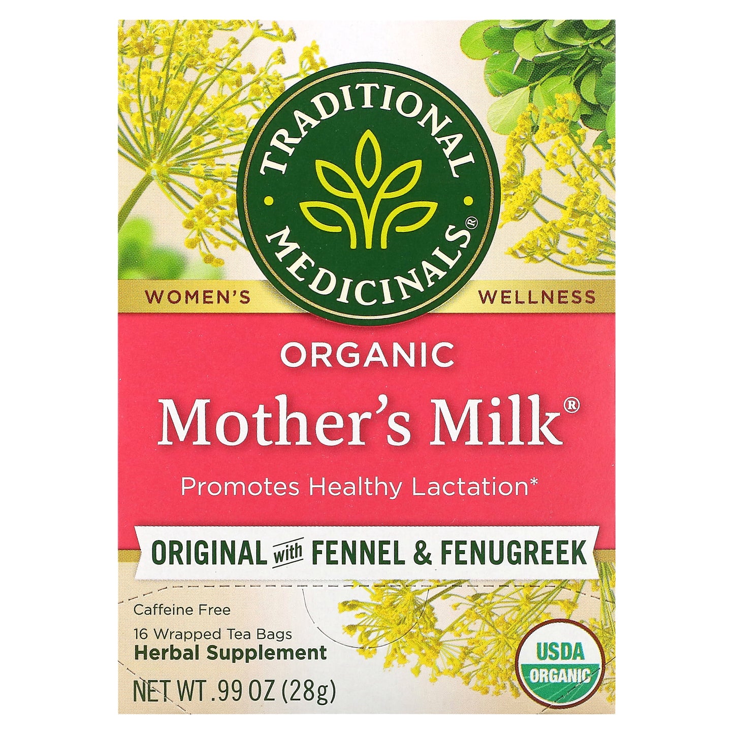 Traditional Medicinals, Organic Mother's Milk®, Original with Fennel & Fenugreek, Caffeine Free, 16 Wrapped Tea Bags, 0.99 oz (28 g)