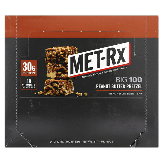 MET-Rx, Big 100, Meal Replacement Bar, Peanut Butter Pretzel, 9 Bars, 3.52 oz (100 g) Each