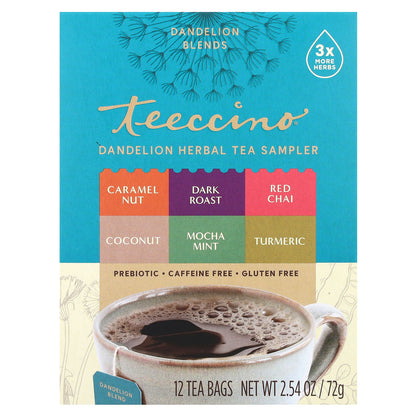 Teeccino, Dandelion Herbal Tea Sampler, 6 Flavors, Caffeine Free, 12 Tea Bags, 2.54 oz (72 g)