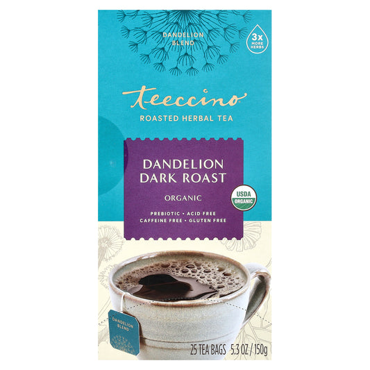 Teeccino, Organic Roasted Herbal Tea, Dandelion Dark Roast, Caffeine Free, 25 Tea Bags, 5.3 oz (150 g)