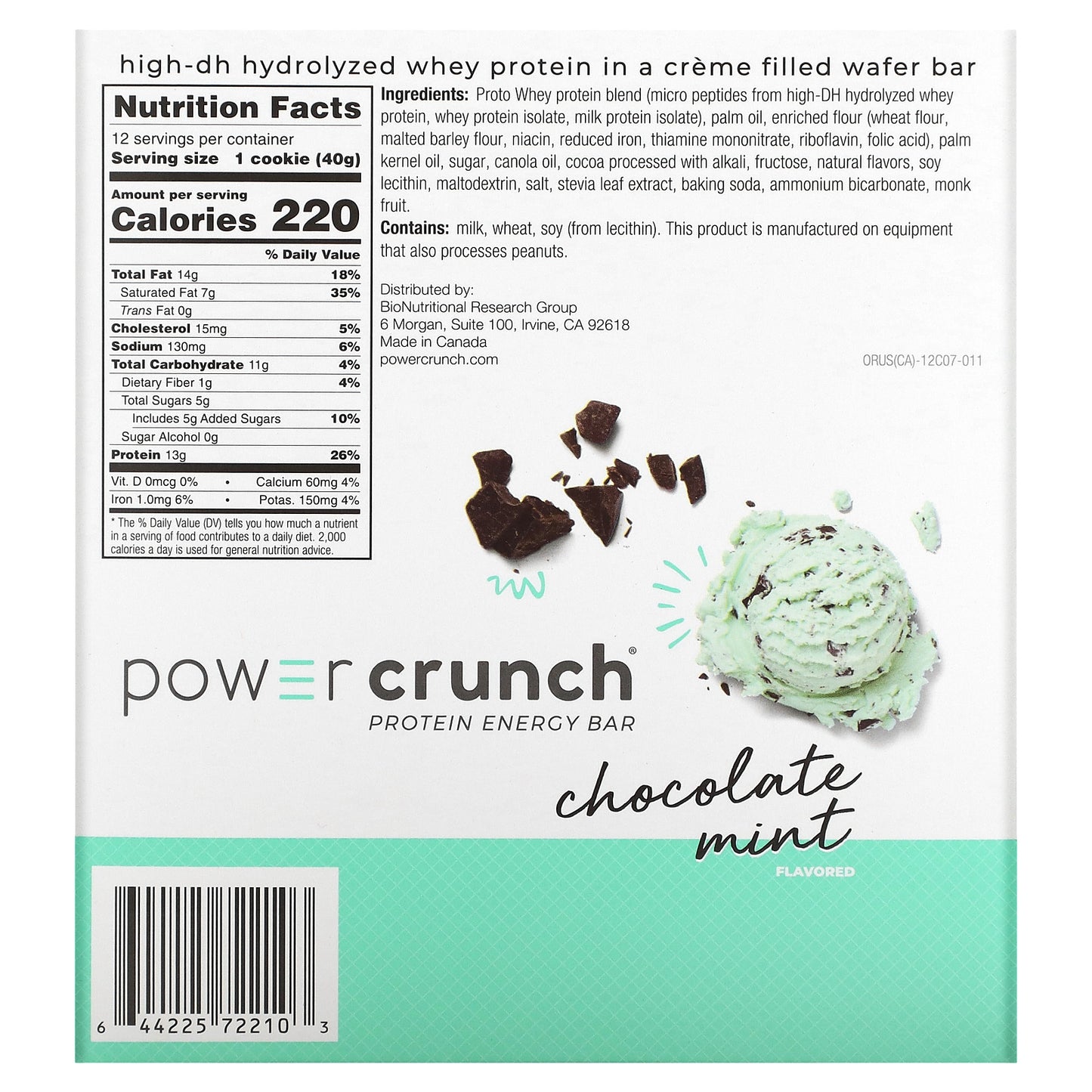 BNRG, Power Crunch Protein Energy Bar, Chocolate Mint, 12 Bars, 1.4 oz (40 g) Each