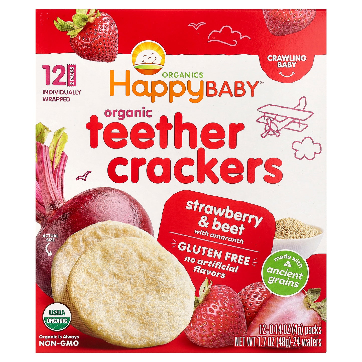 Happy Family Organics, Happy Baby, Organic Teether Crackers, Strawberry & Beet with Amaranth, 12 Packs, 0.14 oz (4 g) Each