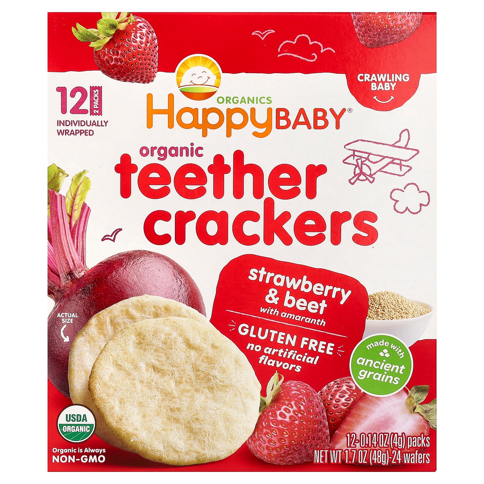 Happy Family Organics, Happy Baby, Organic Teether Crackers, Strawberry & Beet with Amaranth, 12 Packs, 0.14 oz (4 g) Each