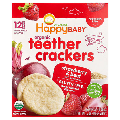 Happy Family Organics, Happy Baby, Organic Teether Crackers, Strawberry & Beet with Amaranth, 12 Packs, 0.14 oz (4 g) Each
