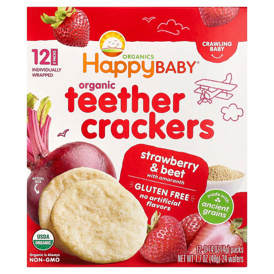 Happy Family Organics, Happy Baby, Organic Teether Crackers, Strawberry & Beet with Amaranth, 12 Packs, 0.14 oz (4 g) Each