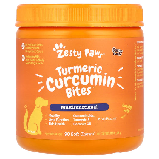 Zesty Paws, Turmeric Curcumin Bites™ for Dogs, Multifunctional, All Ages, Bacon, 90 Soft Chews, 11.1 oz (315 g)