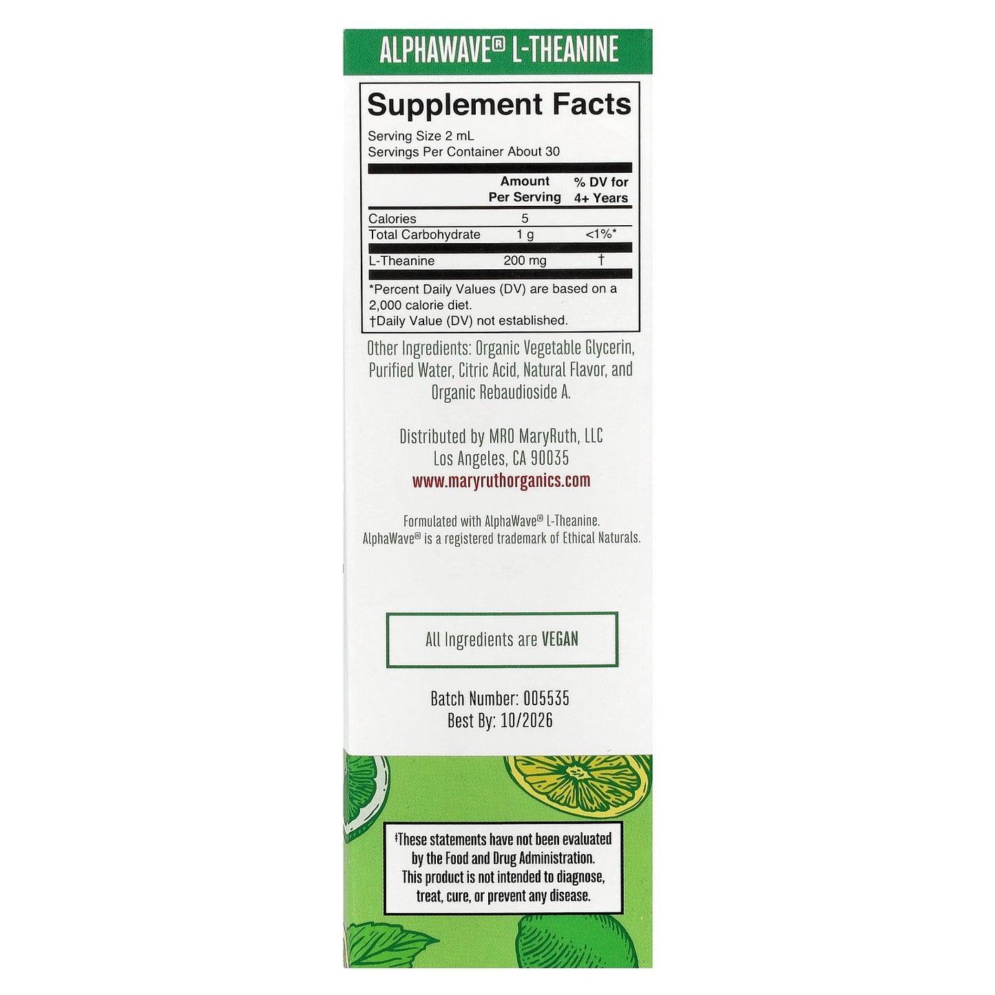 MaryRuth's, L-Theanine Liquid Drops, Lemon Lime, 2 fl oz (60 ml)