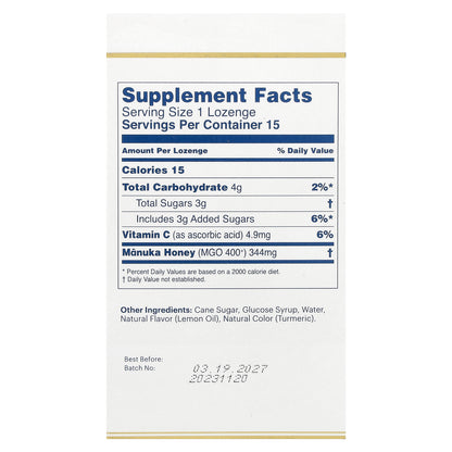 Manuka Health, Manuka Honey Lozenges, Natural Lemon, MGO 400+, 15 Lozenges