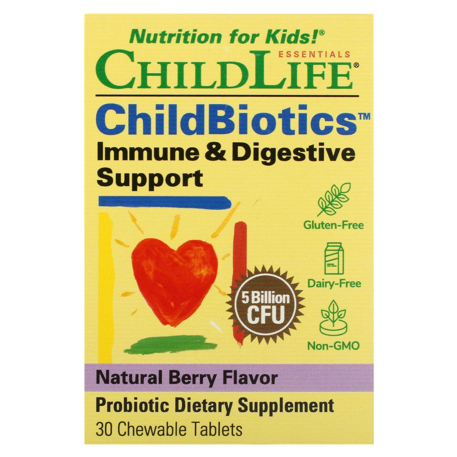 ChildLife Essentials, ChildBiotics, Immune & Digestive Support, Natural Berry, 5 Billion CFU, 30 Chewable Tablets