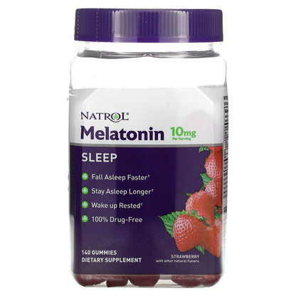 Natrol, Melatonin, Sleep, Strawberry, 10 mg, 140 Gummies (5 mg per Gummy)