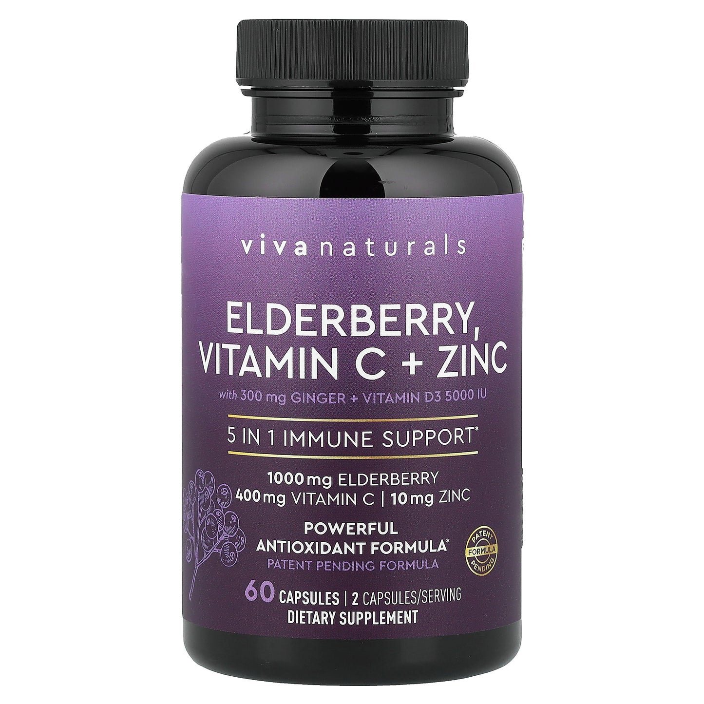 Viva Naturals, Elderberry, Vitamin C + Zinc with Ginger + Vitamin D3, 60 Capsules